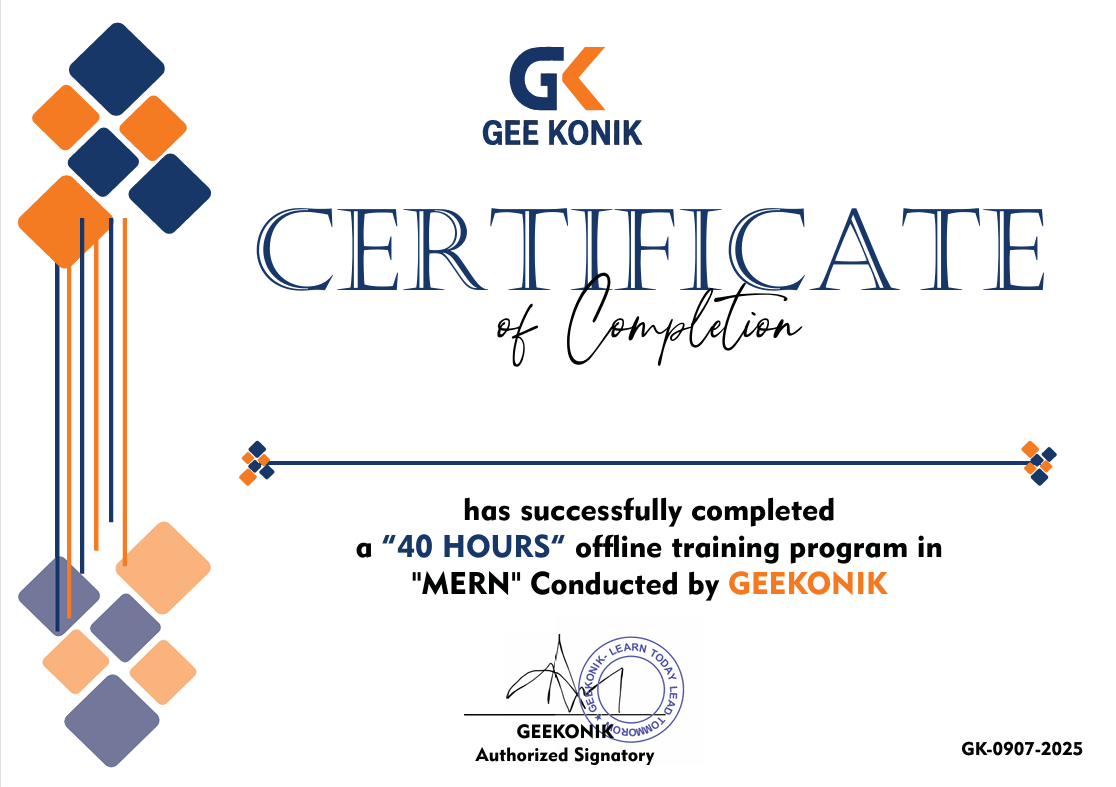 MERN Full Stack Course in Noida certification – professional MERN stack developer certificate issued by Geekonik institute, MERN stack training credential 2026